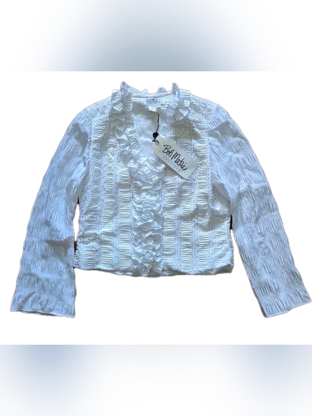 Y2K Bob Mackie Boutique White Ruffle Beaded Zip Blouse Lined Size 10 NWT